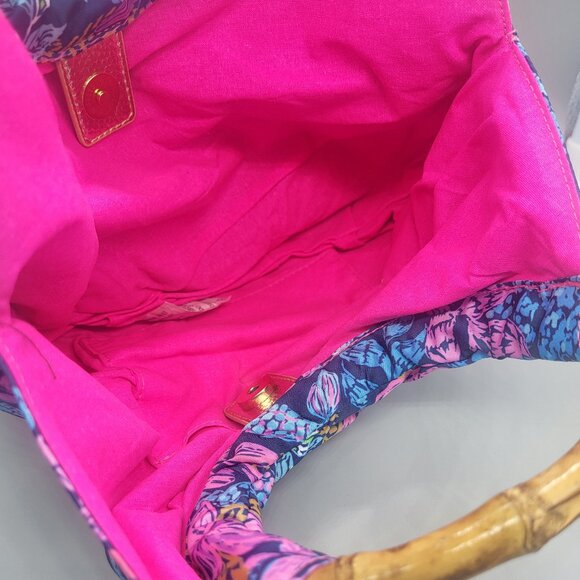 Lilly Pulitzer Aegean Navy Calypso Coast Bamboo Handle Hobo Handbag - Picture 11 of 14